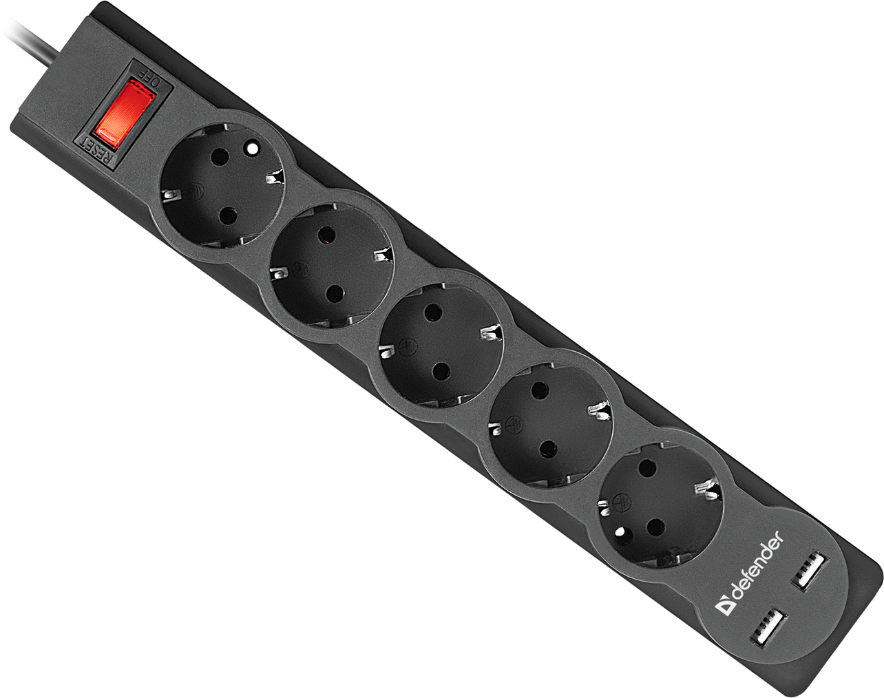 Surge protector Defender DFS 755 5.0m, 2*USB, 2.1A, 5 outlets (99755)